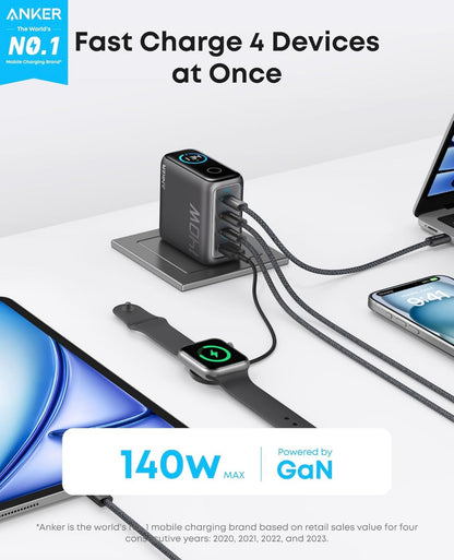 Anker Skootrekenaarlaaier, 140W MAKS. USB C-laaier, 4-Poort Snellaai vir Meer as Een Toestel - SWART
