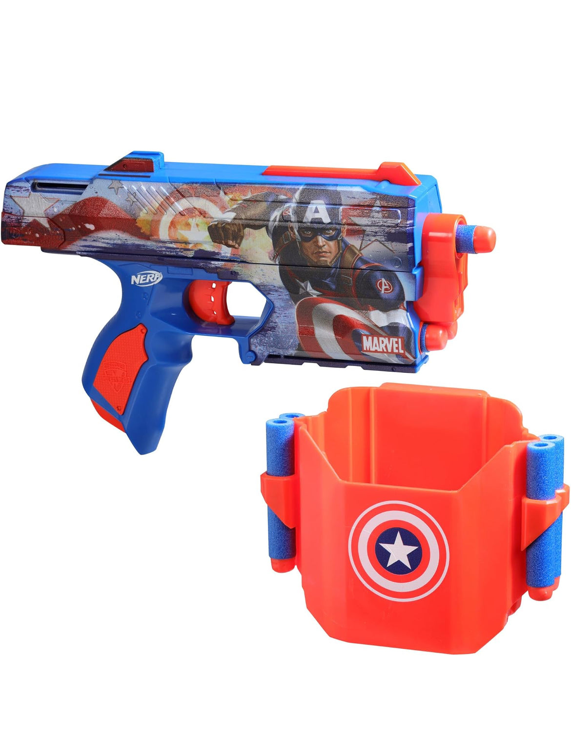 Nerf Marvel Captain America Dart Blaster, 10 Elite Darts, Holster, Toy Foam Blasters for 8 Year Old Boys & Girls & Up