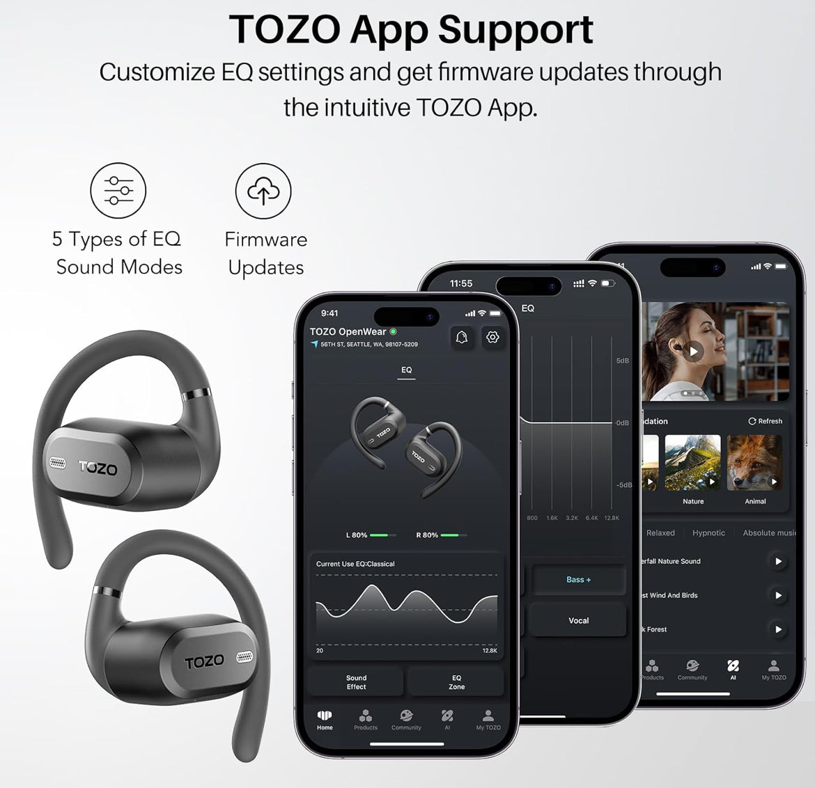 OpenWear Open Ear Headphones, Adjustable Ear Hooks, Ultra Comfort, Bass Bluetooth Headphones 5.4 with Smart Digital Display (Black)
