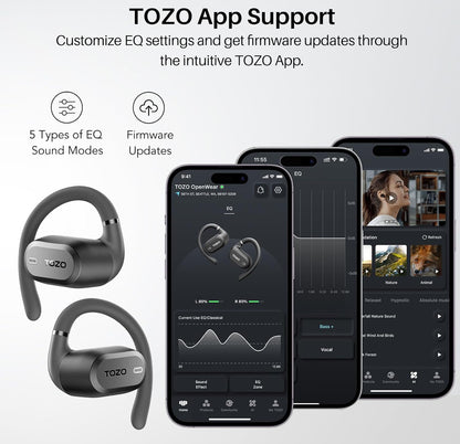 OpenWear Open Ear Headphones, Adjustable Ear Hooks, Ultra Comfort, Bass Bluetooth Headphones 5.4 with Smart Digital Display (Black)