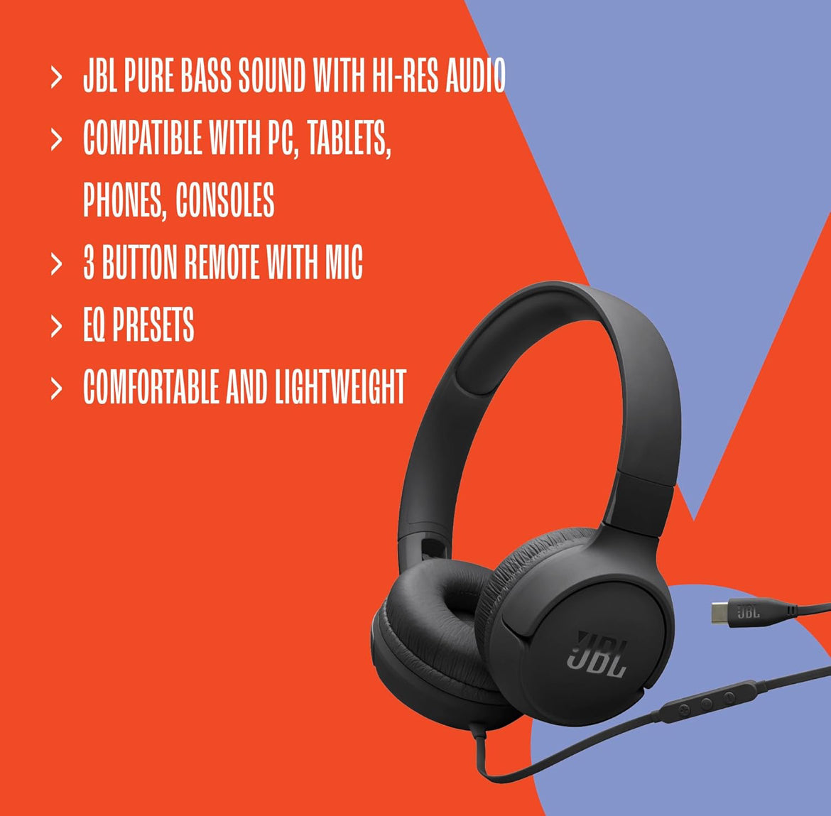 JBL Tune 520C - USB-C Wired on-Ear Headphones with Hi-Res Audio Support, Pure Bass Sound, Comfort fit, USB-C connectivity, 3-Button Remote with Microphone and EQ presets Control (Purple)