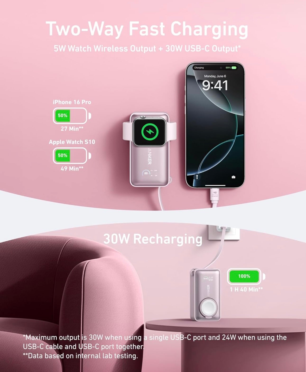 Anker MagGo Power Bank for Apple Watch, Officially Certified, 10,000 mAh Compact Battery - Pink