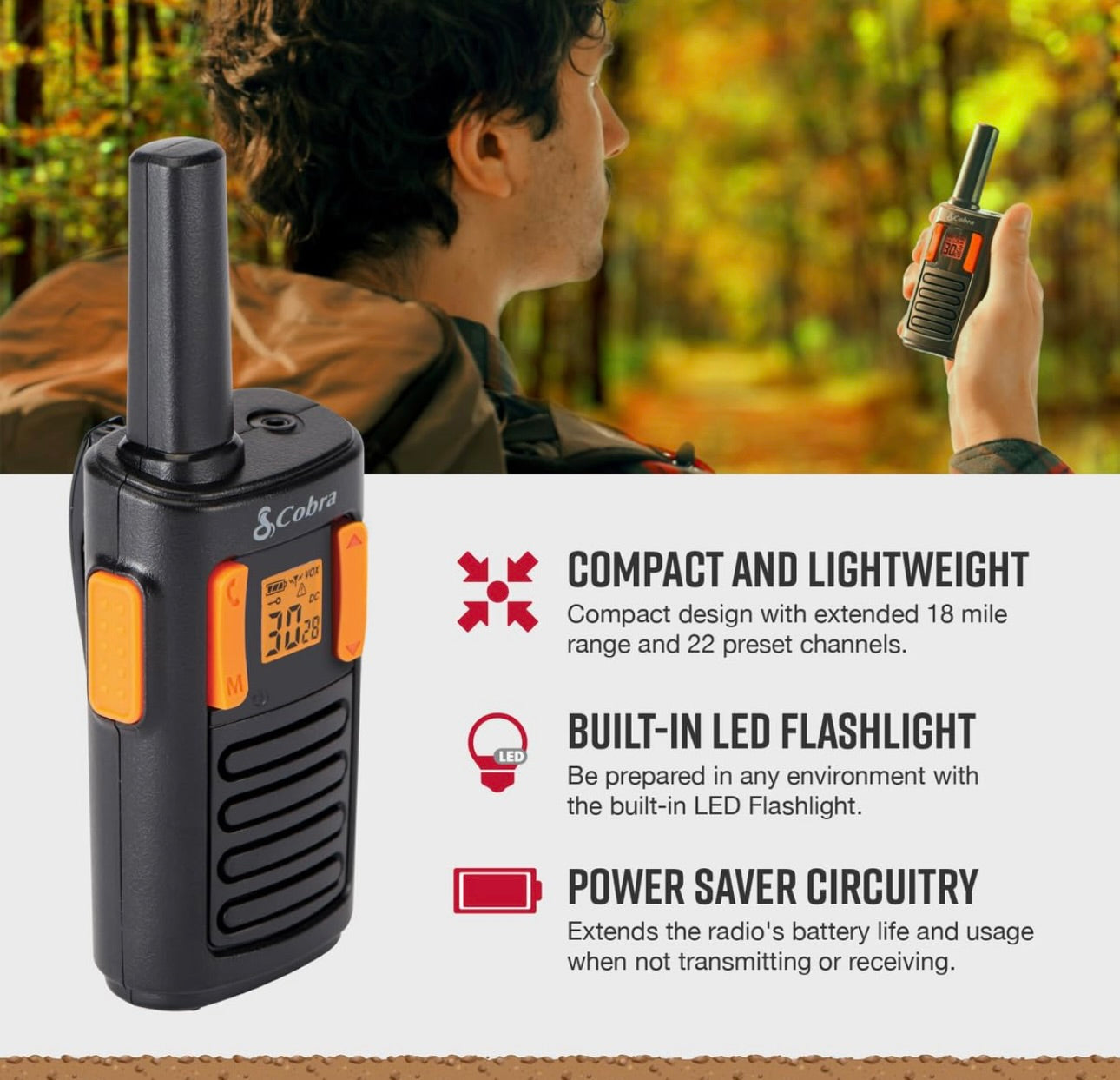 Cobra RX180 Walkie Talkies (2-pak) – Liggewig, Maklik-om-te-gebruik Kompakte Tweerigtingradio's Lang Reeks, 22 Voorafingestelde Kanale, NOAA Weerwaarskuwings, VOX-funksie, LED-flitslig (Oranje/Swart)