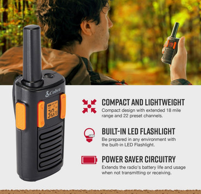 Cobra RX180 Walkie Talkies (2-pak) – Liggewig, Maklik-om-te-gebruik Kompakte Tweerigtingradio's Lang Reeks, 22 Voorafingestelde Kanale, NOAA Weerwaarskuwings, VOX-funksie, LED-flitslig (Oranje/Swart)