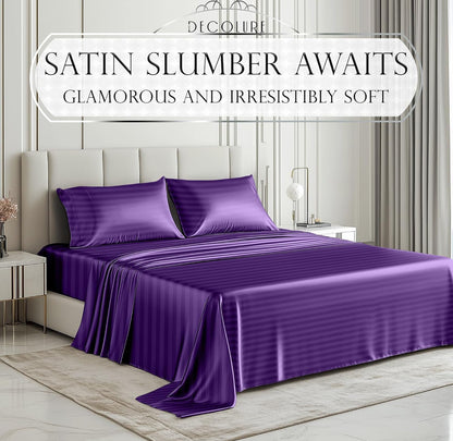 DECOLURE Satin Bed Sheets - 4 Piece Luxury Silky Queen Size Bedding Set - Softer Than Silk, Wrinkle-Free with 15” Deep Pocket Fitted Sheet, Perfect for Hair & Skin, Gifts for Women (Striped Purple)