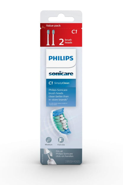Philips Sonicare Oorspronklike Simply Clean Vervangende Tandeborselkoppe, 2 Borselkoppe, Wit, HX6012/04