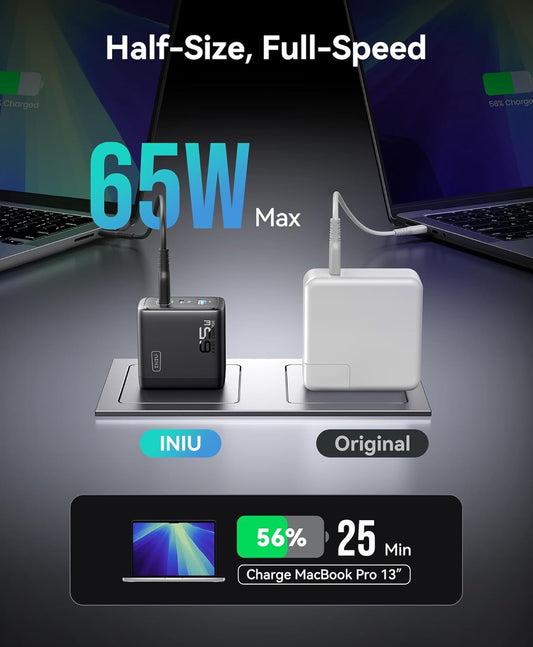 INIU USB C Laaiblok, 3-Poort 65W PD Vinnige Laai, Kompakte Tipe C Muurlaaier met Opvoubare Prop, GaN Tegnologie, vir MacBook Pro/Air, iPhone 16, Samsung S25, iPad Pro, Skootrekenaar, Meerdere Toestelle ens.