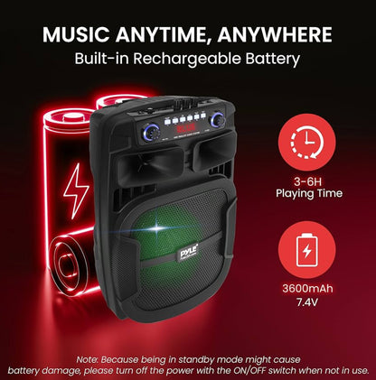 Portable Bluetooth PA Speaker System  800W 12" Outdoor w/ Built-In Party Lights - USB/SD Card Reader, FM Radio, Extendable Handle w/ Wheels - Includes Wired Microphone & Remote
