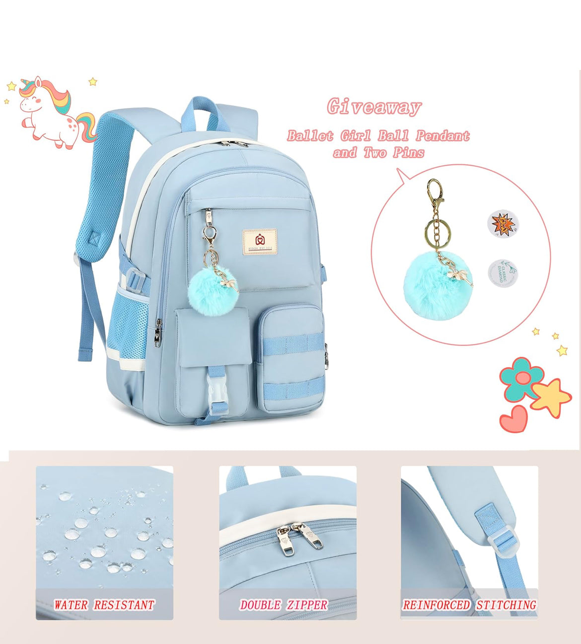 Backpack for girls Laptop Backpacks 15.6 Inch College Cute Bookbag Anti Theft Primary Elementary School Bag Casual Daypack for Teens Girl Women Students (Blue)