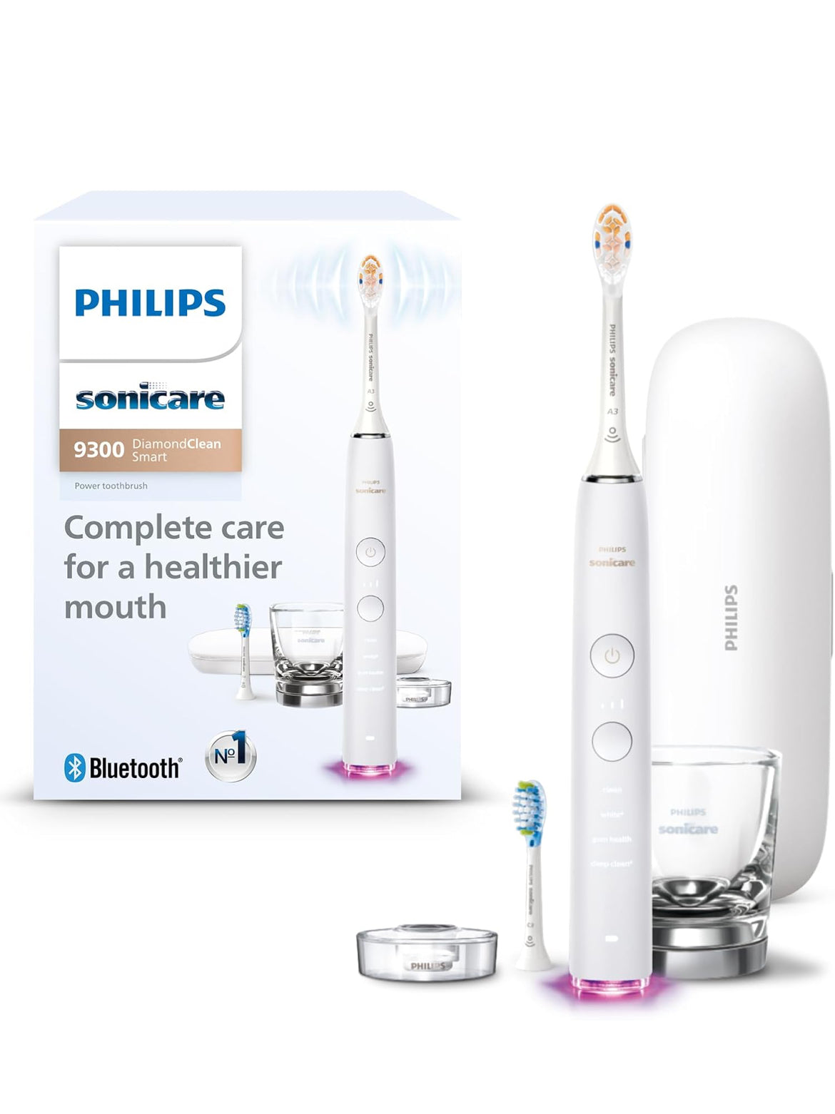 Philips Sonicare DiamondClean Smart 9300 Elektriese Tandeborsel, Soniese Tandeborsel met Toepassing, Druksensor, Borselkopbespeuring, 4 Borselmodusse en 3 Intensiteitsvlakke - Wit, Model HX9903/05