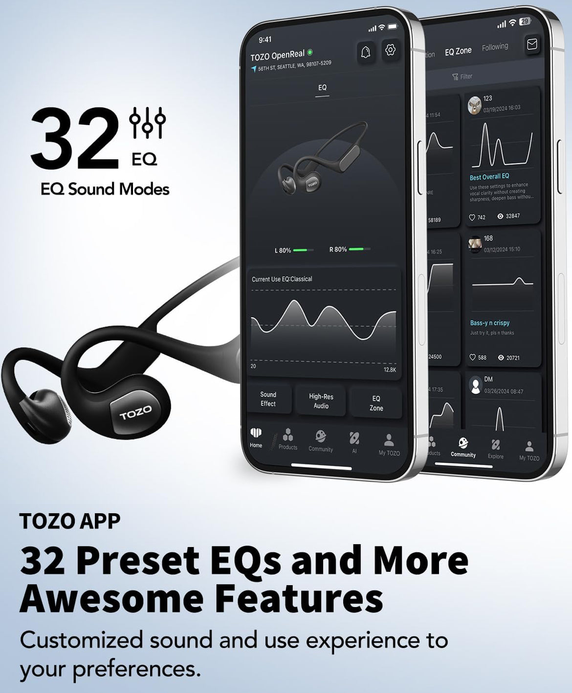 TOZO Upgraded Open Ear Headphones Bluetooth 5.3 Air Conduction Wireless Headphones Sport Earbuds with Premium Sound, 32 EQs via APP, Dual-Mic Call Noise Reduction Earphones with Hair Band for Cycling