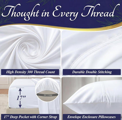 DECOLURE 100% Viscose Derived from Bamboo Sheets Queen Size - Luxury 4 Pc Naturally Cooling Sheets, Ultra Soft Bed Set - Deep 17" Pockets, Durable Double Stitching, Oeko Tex Standard (White)