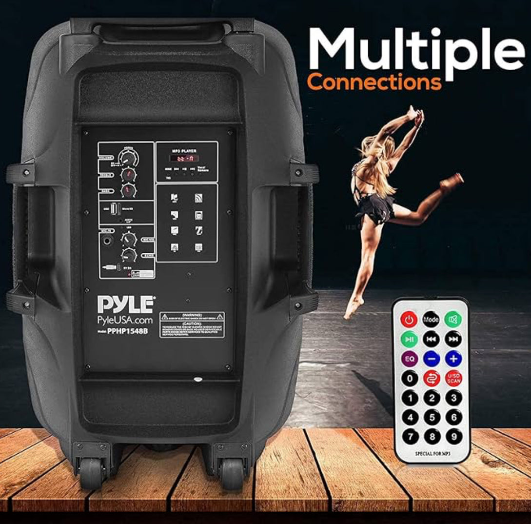 Portable Bluetooth PA Speaker System - 1000W w/Microphone in, Party Lights, USB SD Card Reader, FM Radio, Wheels - Remote Control