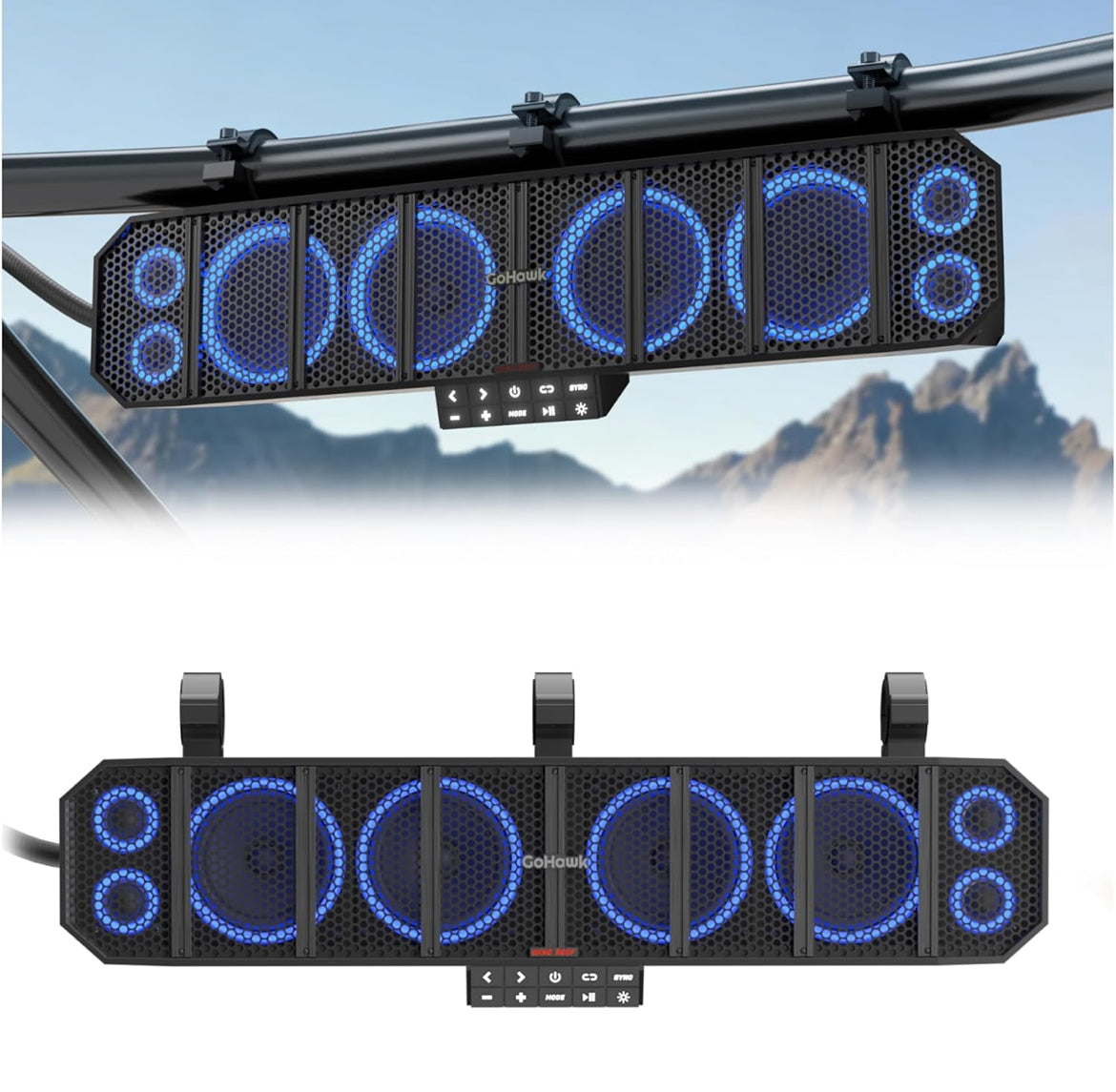 25" 8-Speaker UTV Sound Bar with RGB, Waterproof ATV Soundbar600W Peak Power, Bluetooth, Detachable Remote&Audio Sync, FM Radio/USB/AUX - Black