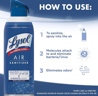 Lysol Lugsaniteerderbespuiting + Reukverwyderaar vir Huis & Kantoor, Saniterende Lugbespuiting, White Linen Geur, 10 oz (Pak van 3)