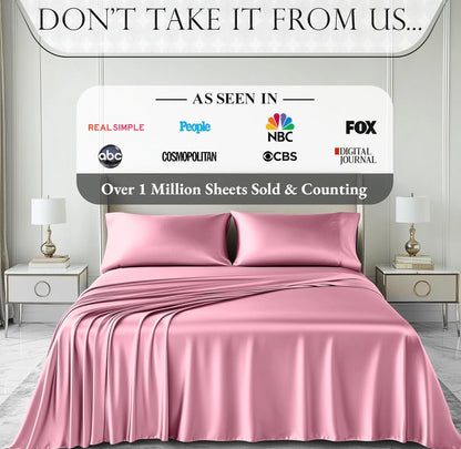 DECOLURE Satin Bed Sheets - 4 Piece Luxury Silky Queen Size Bedding Set - Softer Than Silk, Wrinkle-Free with 15” Deep Pocket Fitted Sheet, Perfect for Hair & Skin, Gifts for Women (Pink)