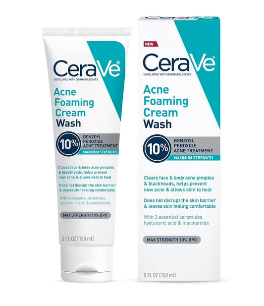 CeraVe Aknee Skuimende Roomreiniger met Bensielperoksied 10%, Hialuronzuur en Niasienamied Verwyder Puistjies en Swartkoppies (147ml)