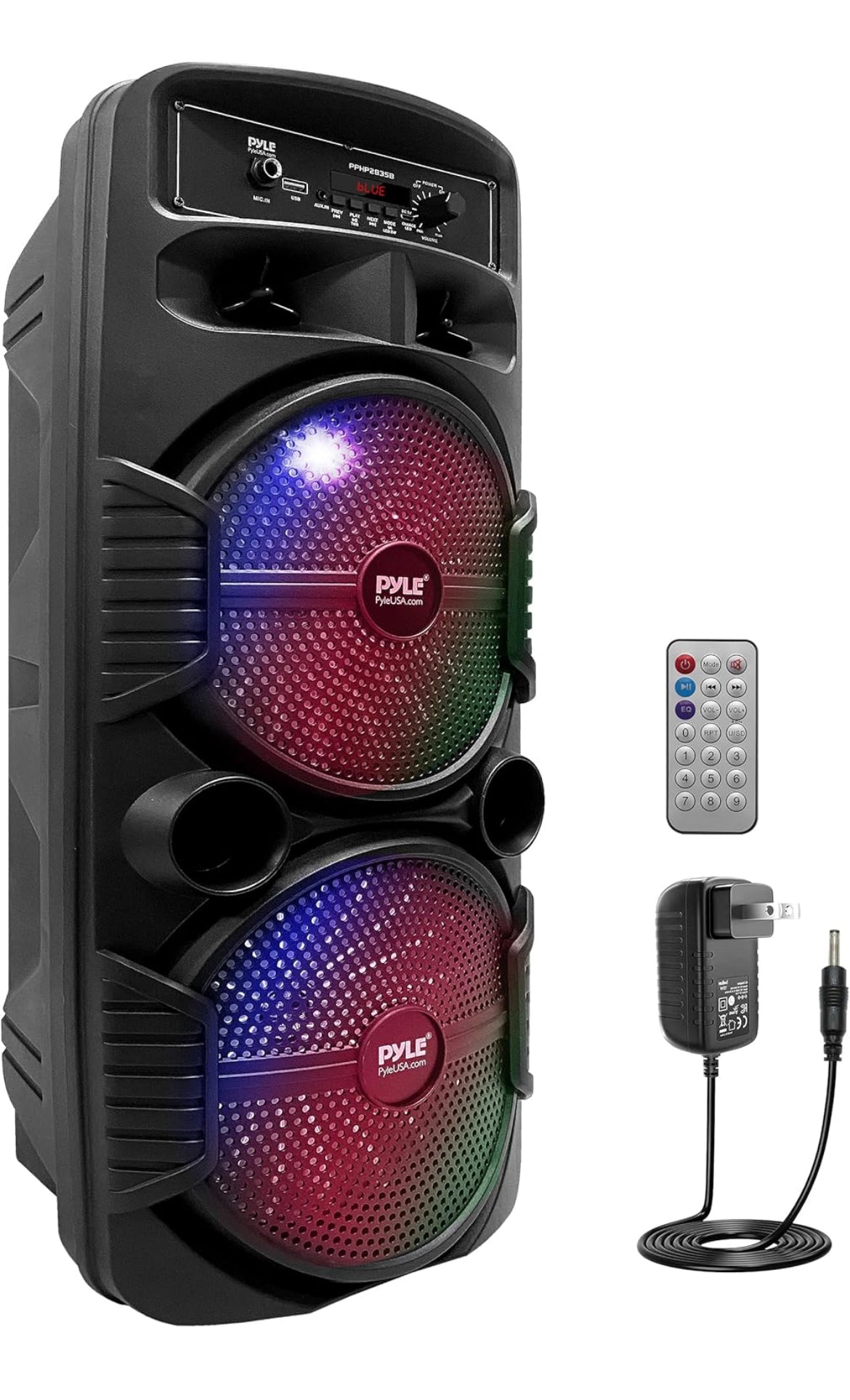 Portable Bluetooth PA Speaker System 8" 600W Rechargeable w/ Dual Subwoofer, Microphone In, Party Lights, USB, Radio, Remote