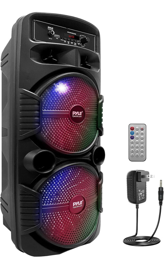 Portable Bluetooth PA Speaker System 8" 600W Rechargeable w/ Dual Subwoofer, Microphone In, Party Lights, USB, Radio, Remote