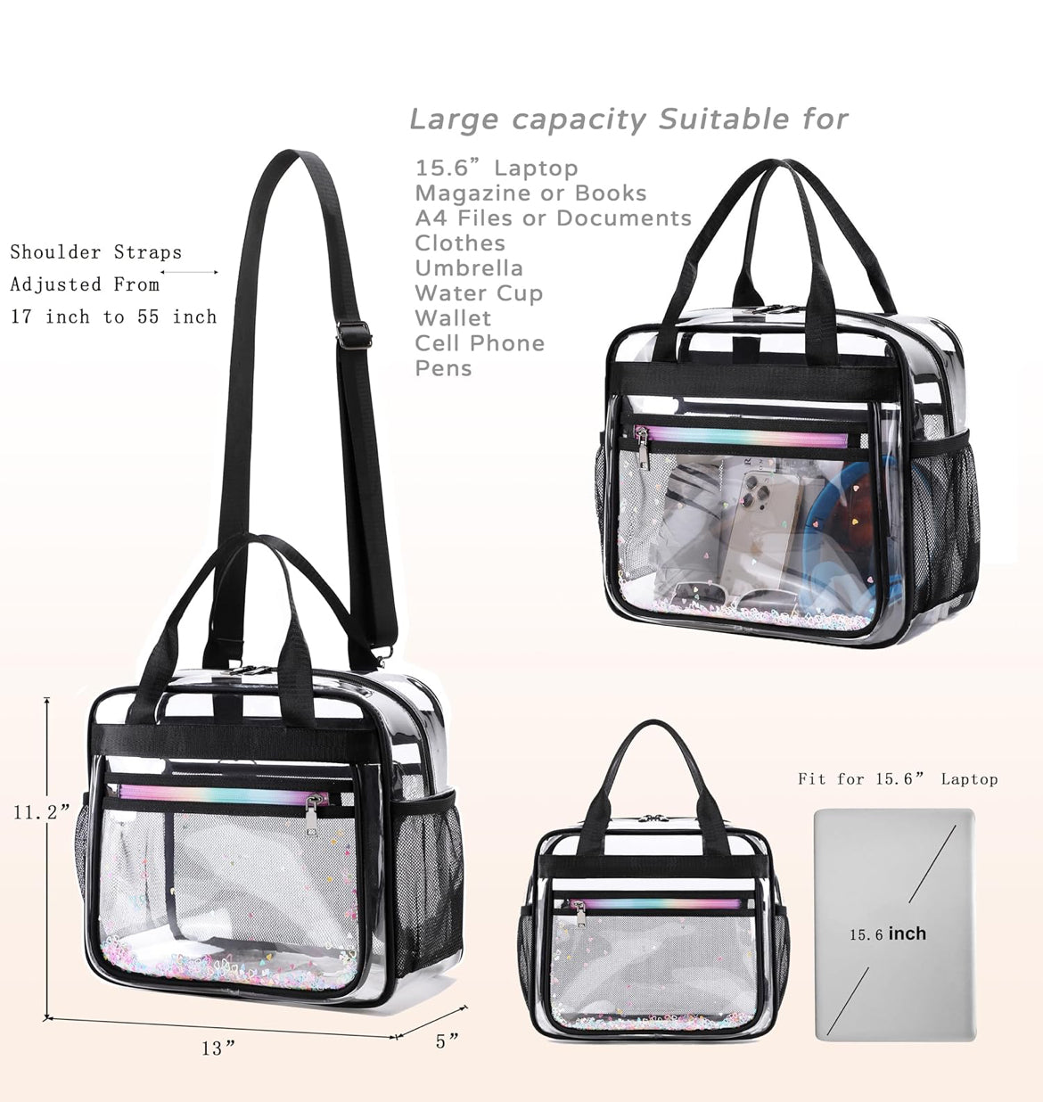 Clear Beach Bag Travel Tote Transparent Backpack for Women Girls Stadium Approved Crossbody Messenger Shoulder Handbag