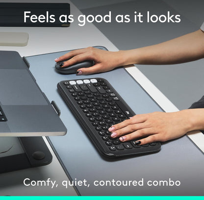 Logitech POP ICON Combo, Bluetooth Sleutelbord en Muis Kombinasie, Gemaklike Tik, programmeerbare Sleutels en Knoppies, Stil klikke, Maklike Wisseling tot 3 Toestelle - Grafiet en Spierwit