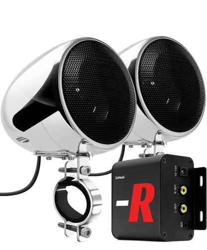 Motorcycle Speakers Bluetooth 4 Inch Waterproof Radio Audio System
100W Amplifier, Remote Control, AUX USB SD FM Radio, Fits 7/8"–1-1/4" bar for Motorcycle ATV 12 Volt Vehicles
