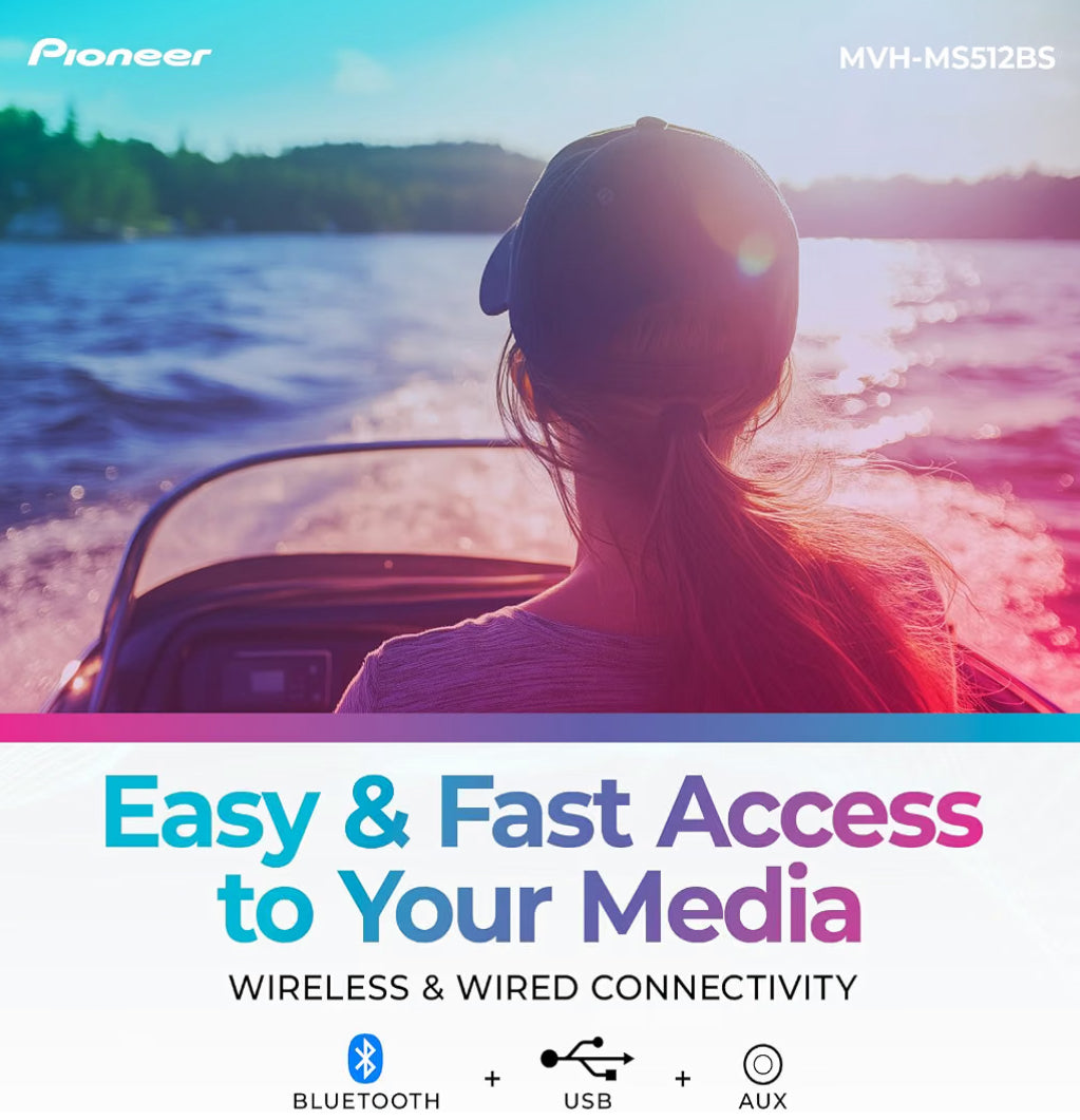 Pioneer MVH-MS512BS Marine Car Stereo with Bluetooth, USB, AM/FM Radio
Marine Digital Media Receiver, SiriusXM, Color Change, White Display for Outdoor, Hi-Volt RCA, iPhone/Android Compatible