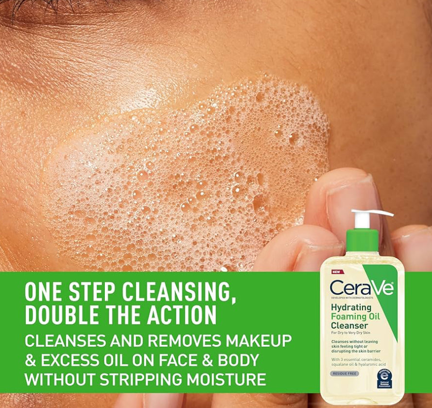 CeraVe Hydrating Foaming Oil Cleanser, Moisturizing Cleanser for Face & Body, Squalane Oil + Hyaluronic Acid For Dry to Very Dry Skin (8 FL Oz)