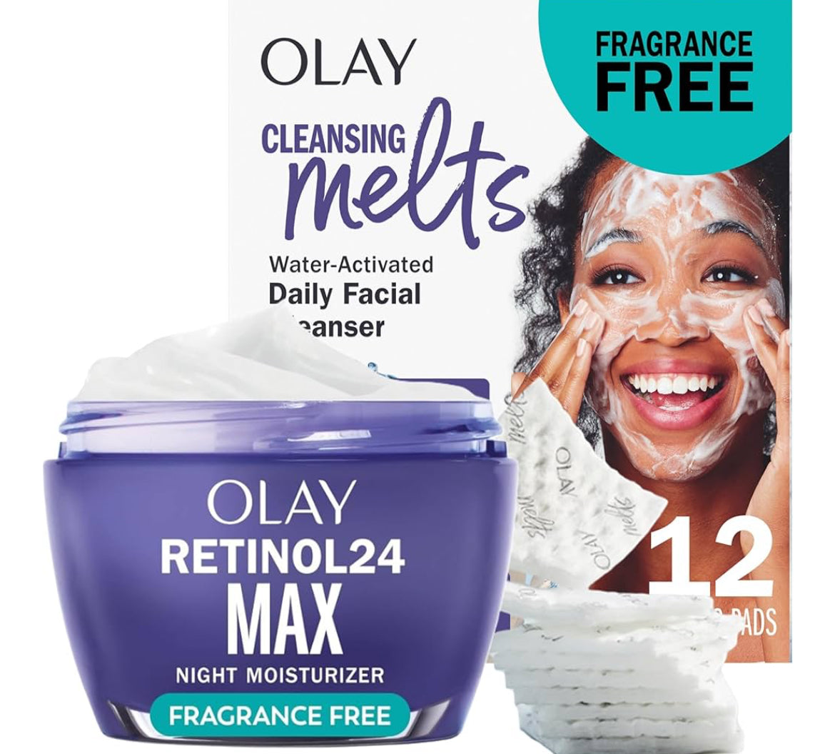 Olay Retinol Gesigbevogtiger, 24 MAX Anti-Veroudering Nagroom Teenplooie Velversorging (48g) & Proefgrootte Retinol Reinigingssmelte (12 stuks)