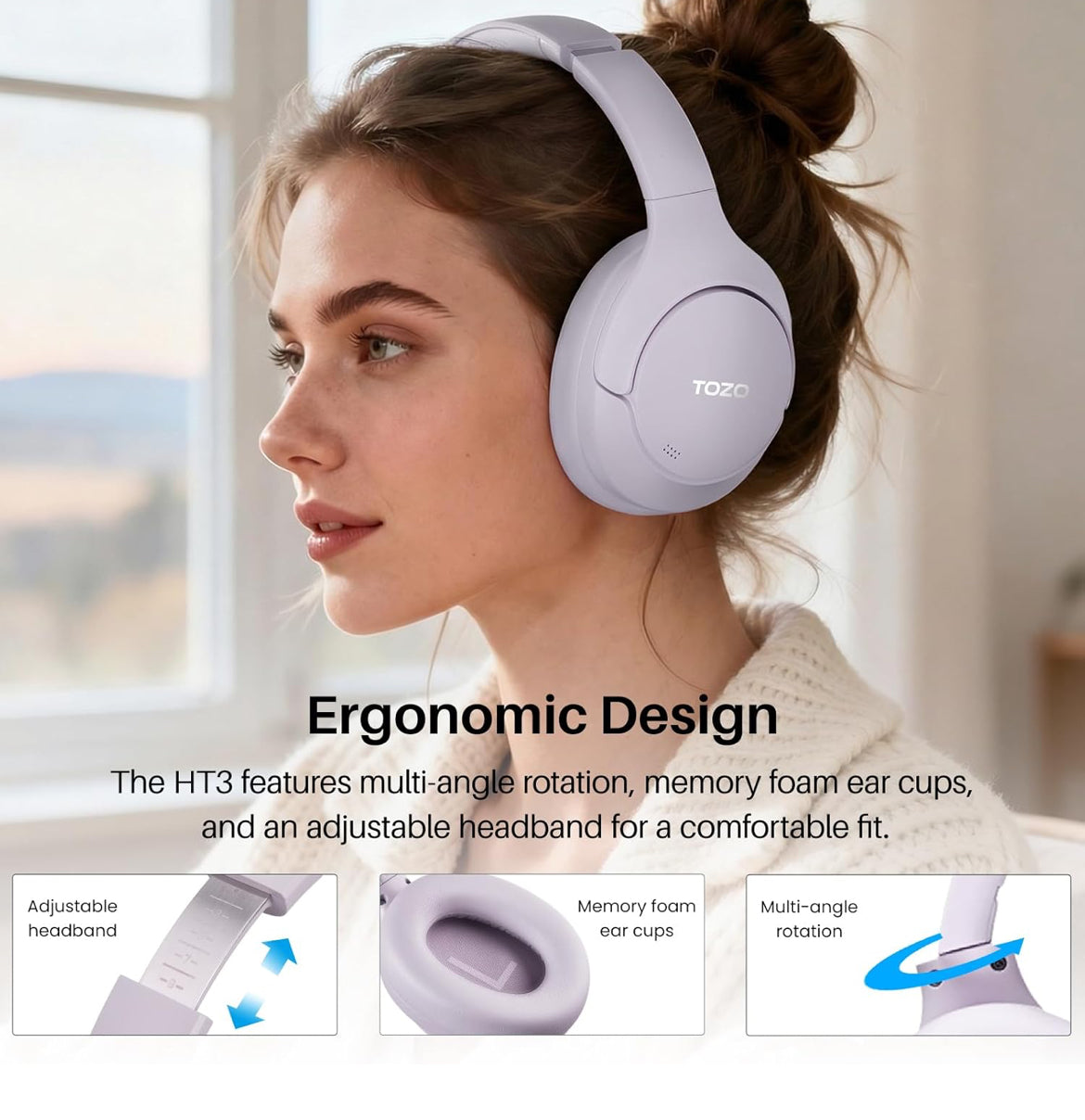 HT3 Hybrid Noise Cancelling Headphones, 90H Battery Life Over Ear Bluetooth 6.0 Foldable Headset, AI Voice Assistant - Light Purple