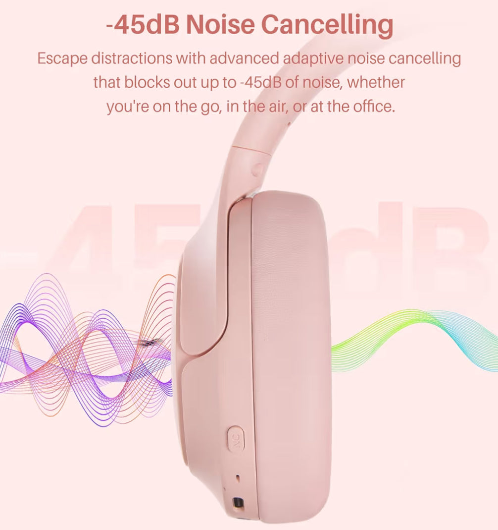 HT3 Hybrid Noise Cancelling Headphones, 90H Battery Life Over Ear Bluetooth 6.0 Foldable Headset, AI Voice Assistant - Pink
