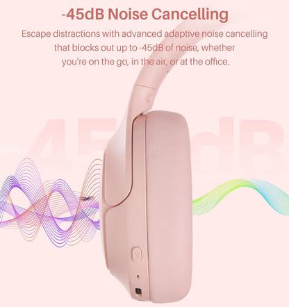 HT3 Hybrid Noise Cancelling Headphones, 90H Battery Life Over Ear Bluetooth 6.0 Foldable Headset, AI Voice Assistant - Pink