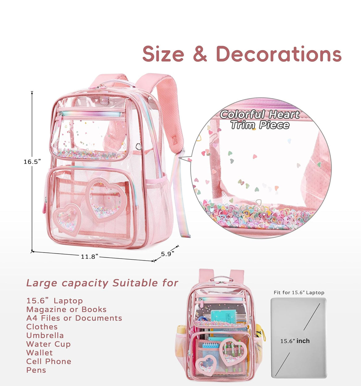 Clear Backpack for Girls Women Transparent Kids Elementary College School Bag Travel Laptop Backpacks Large Bookbags (Pink)