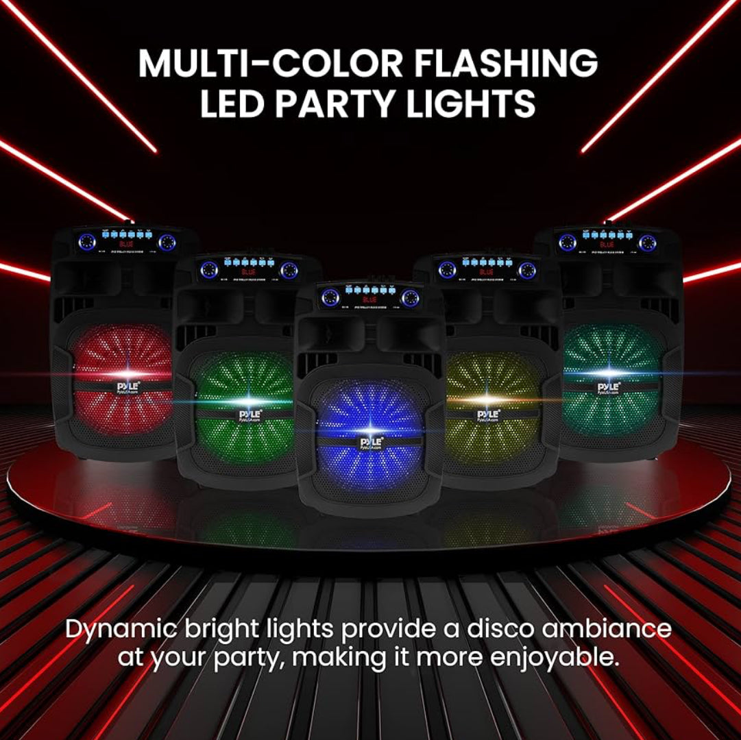 Portable Bluetooth PA Speaker System  800W 12" Outdoor w/ Built-In Party Lights - USB/SD Card Reader, FM Radio, Extendable Handle w/ Wheels - Includes Wired Microphone & Remote