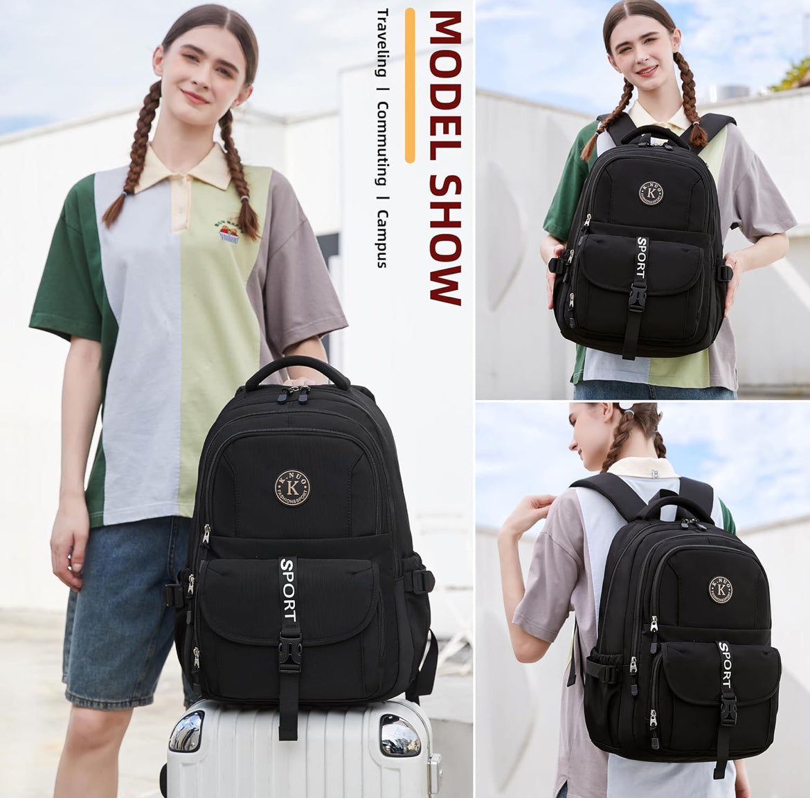 College Backpack, Travel Laptop Backpacks, Large Kids School Bag for Teens Girls Boys Students Bookbag Fit for 15.6 Inch Computer Waterproof Business Work Back Pack for Women Men Daypack Black