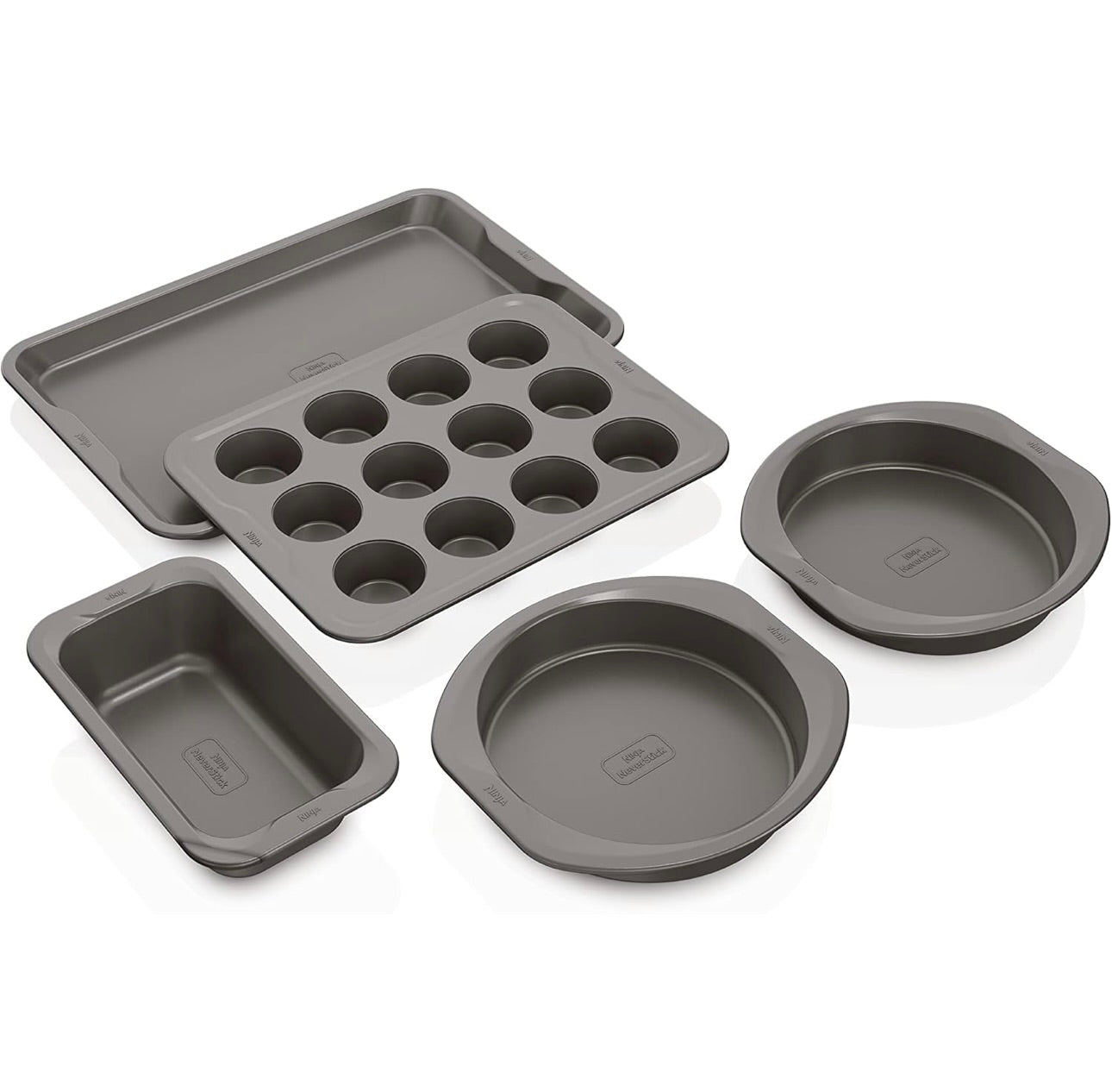 Ninja B35005 Foodi NeverStick Premium 5-stuk Bakwareplaatstel, Oondveilig tot 260°C - 12 Koppie Muffinpan, & (2) 9 Duim Ronde Koekpanne - Grys