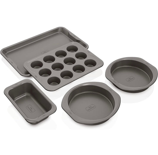 Ninja B35005 Foodi NeverStick Premium 5-stuk Bakwareplaatstel, Oondveilig tot 260°C - 12 Koppie Muffinpan, & (2) 9 Duim Ronde Koekpanne - Grys