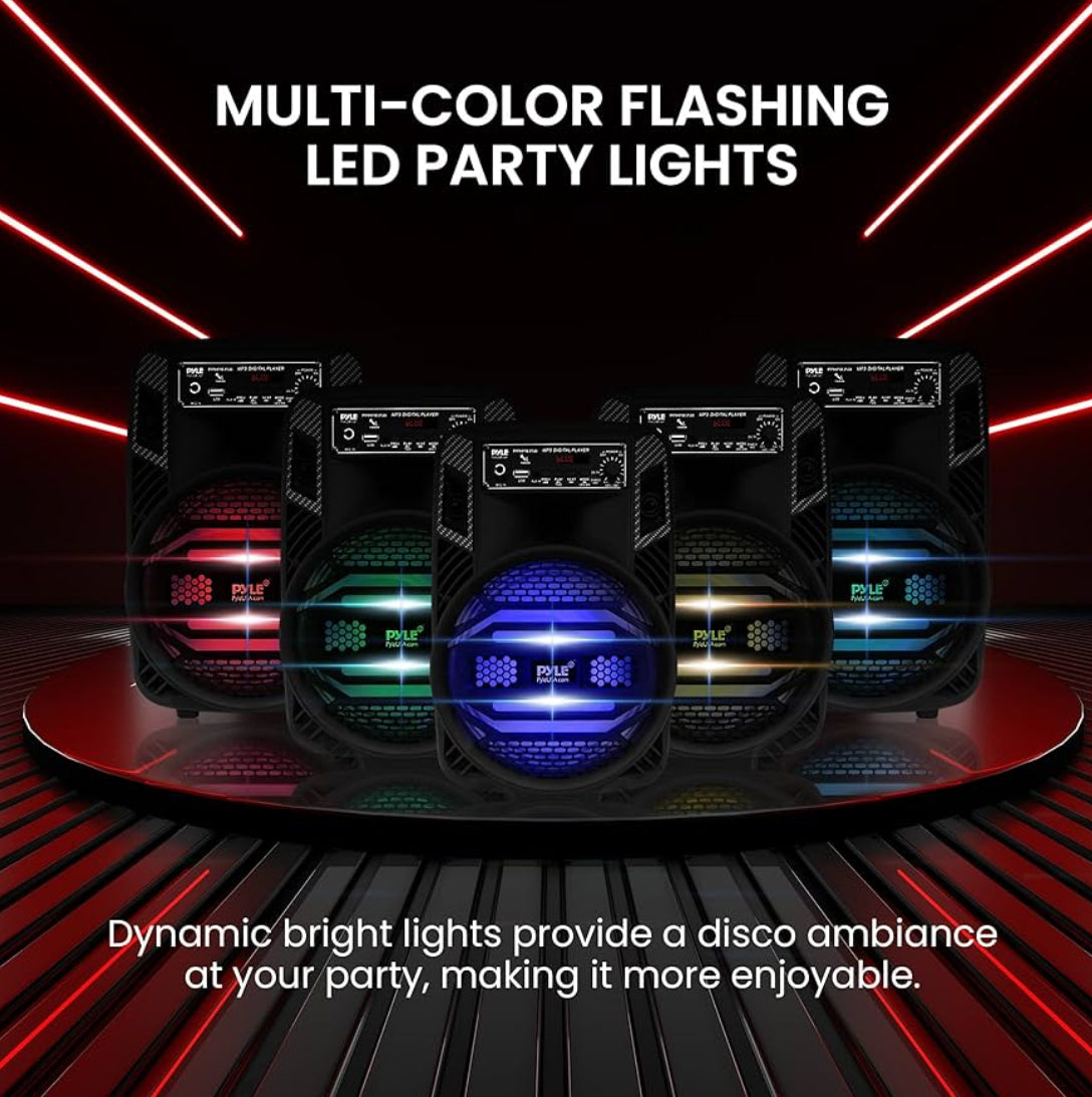 Rechargeable Bluetooth 300W Outdoor Bluetooth Speaker Portable PA System w/ 8” Subwoofer 1” Tweeter, Microphone In, Party Lights, MP3/USB, Radio, Remote
