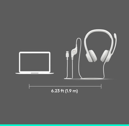 Logitech H390-speletjieskoptelefoon, bedrade koptelefoon met mikrofoon, USB-koptelefoon met mikrofoon vir rekenaar, ruisonderdrukkende mikrofoon vir videovergaderings, musiek, speletjies – Spierwit