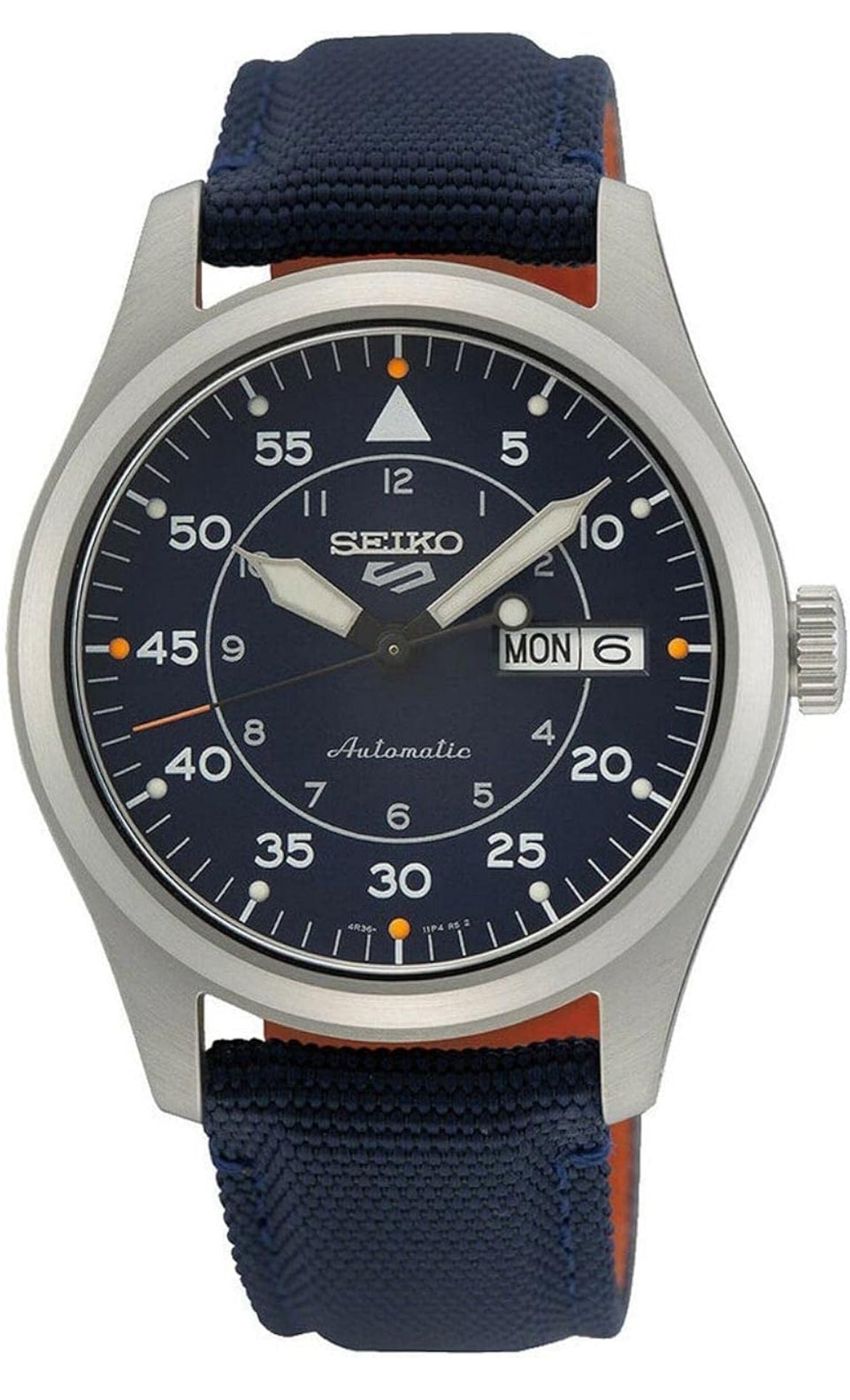 SEIKO Horlosie vir Mans - 5 Sports - Outomaties met Handopwenbeweging, Blou Wysplaat, Vlekvrye Staal Kas, Blou Nylon Band, 100m Waterbestand, met Dag/Datum Vertoning