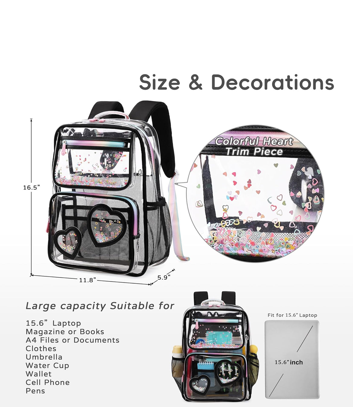 Clear Backpack for Girls Women Transparent Kids Elementary College School Bag Travel Laptop Backpacks Large Bookbags (Black)