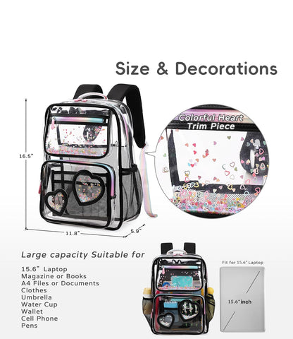 Clear Backpack for Girls Women Transparent Kids Elementary College School Bag Travel Laptop Backpacks Large Bookbags (Black)