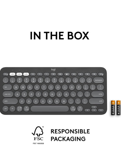 Logitech Pebble Keys 2 K380s, Multi-Toestel Bluetooth Draadlose Sleutelbord met Aanpasbare Kortpaaie, Slank en Draagbaar, Maklike Skakeling vir Windows, macOS, iPadOS, Android, Chrome OS - Tonal Grafiet