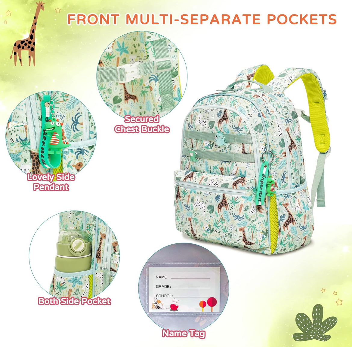 Kids Backpack for School Boys Girls Lightweight Kindergarten Elementary Toddler Backpacks Preschool Bookbags Cute Cartoon Travel Daypack with Chest Strap (L,Green)