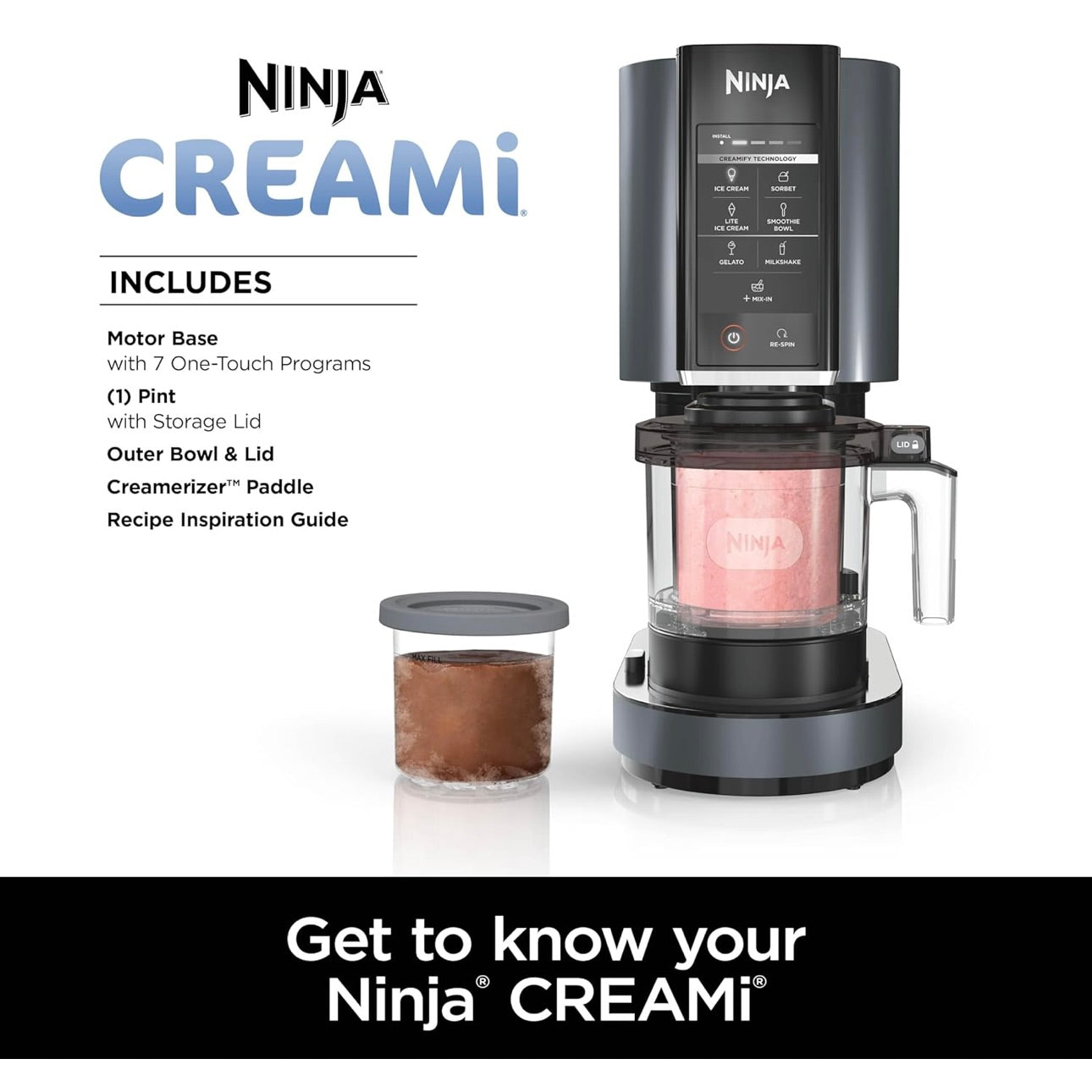 Ninja CREAMi, Ice Cream Maker, Ice Cream, Gelato, Sorbet ,Milkshakes, Mix-ins, Smoothie Bowls & More, 7-in-1, Ice Cream Pints - Black (NC299AMZ)