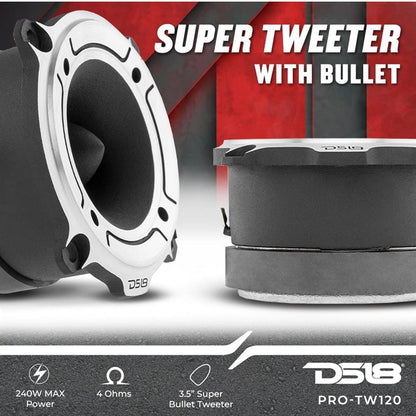 DS18 PRO-TW120 Super Bullet Tweeter in Silwer 3" 4 Ohms Ingeboude Oorkruisfilter (Paar)