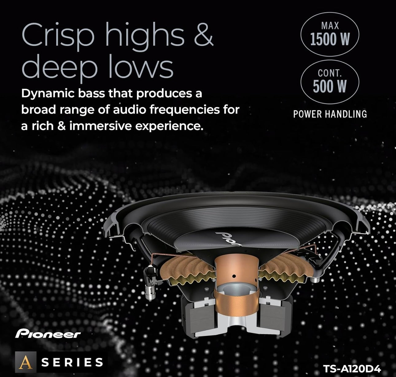 Pioneer TS-A120D4 12” Oversized Subwoofer, 1500 Watts Peak Power, Double 4 Ohms Voice Coil for Deep, Enhanced Bass Response, Shallow Design, Flexible Fit