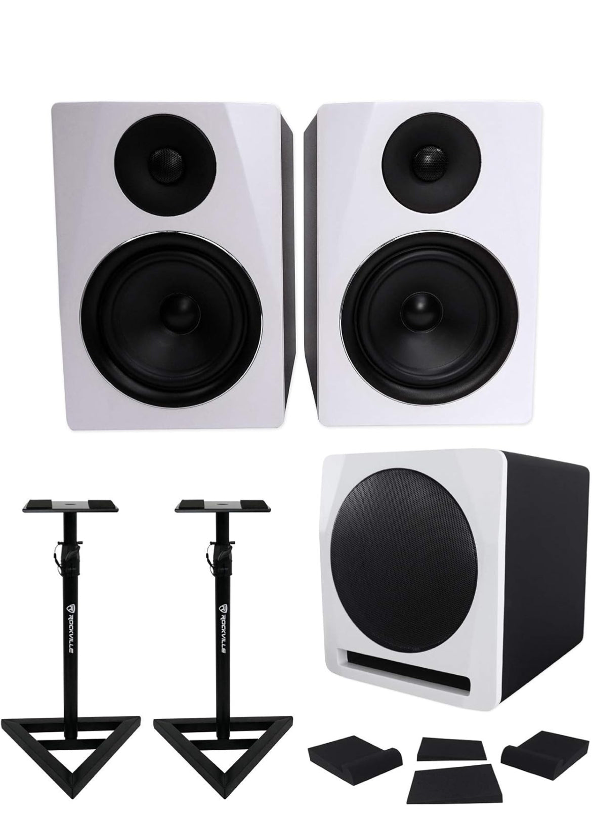 Rockville 2 APM6W 6.5" Powered Studio Monitors+Active 10" Subwoofer+Stands+Pads
