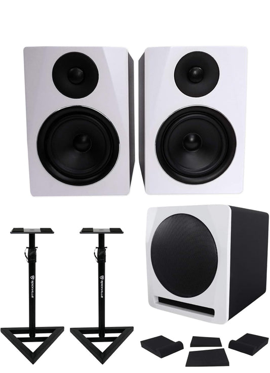 Rockville 2 APM6W 6.5" Aangedrewe Ateljeemonitors+Aktiewe 10" Subwoofer+Stande+Kussings