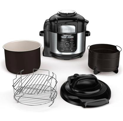 Ninja FD401 LP3 Foodi 12-in-1 Deluxe XL 8 qt. Drukkoker en Lugbraaier wat Stoom, Stadig Kook, Skroei, Soteer, Dehidreer en Meer, met 5 qt. Knapperige Mandjie, Omkeerbare Rak en Resepteboek, Silwer